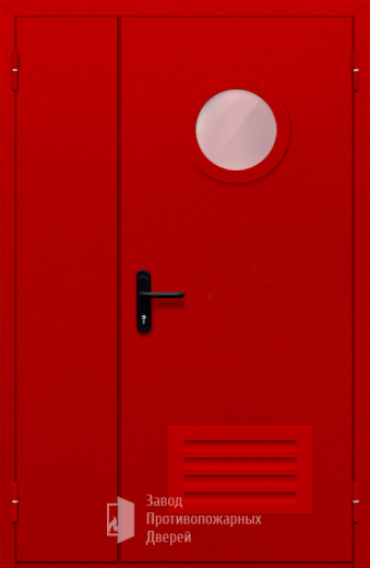 Фото двери «Полуторная с круглым стеклом и решеткой (красная)» в Щербинке